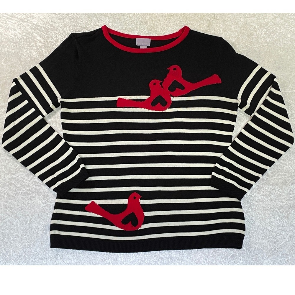 Laura Scott Sweater Women S Black White Striped Red Bird Graphic Crew Neck GUC